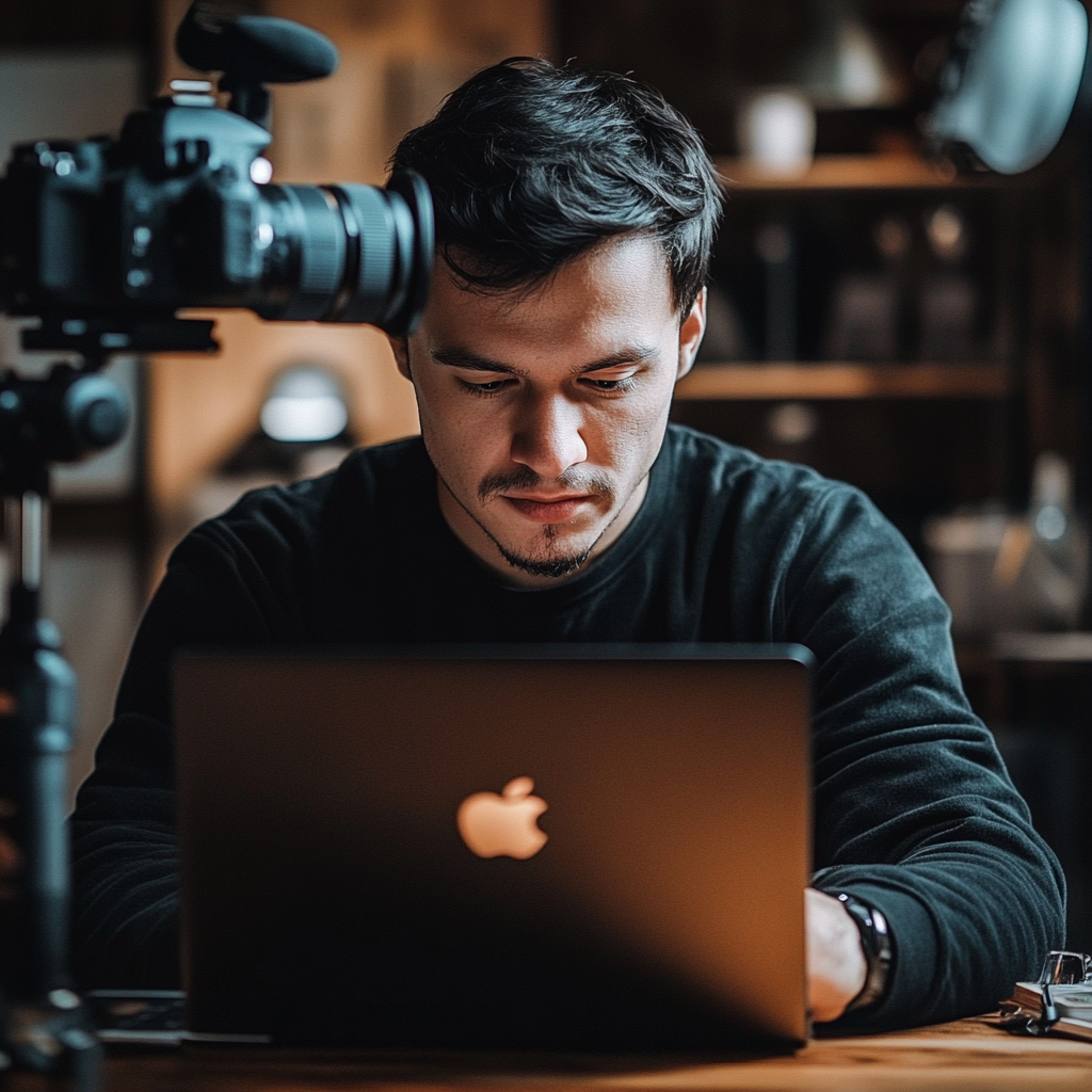a man sitting at a desk with a laptop and a camera